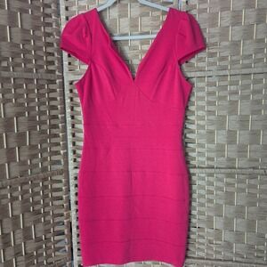 Lipsy London Hot Pink Bodycon Bandage Dress Cap Sleeve V Neck Scoop Back Size 8